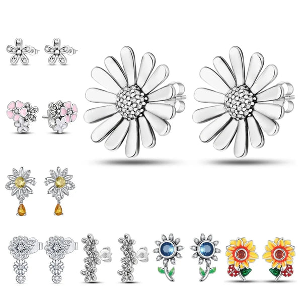 NEW 925 Silver Ear Jewelry Sunflower Flowers Plants Design Stud Earrings