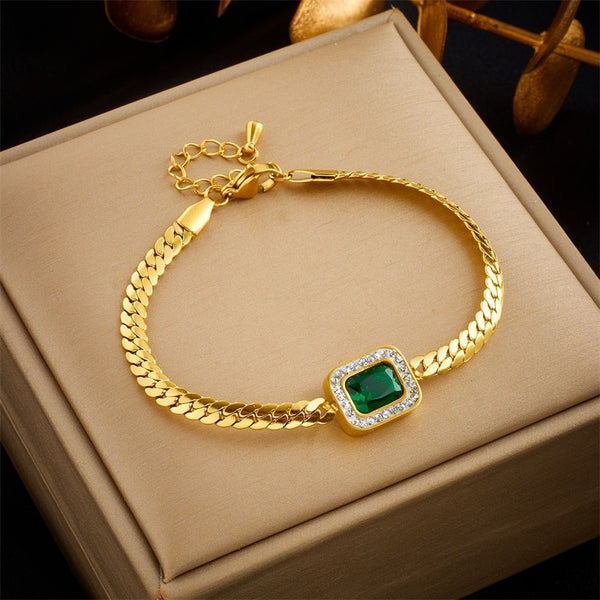 316L Stainless Steel Square Green Zircon Charm Bracelet For Women