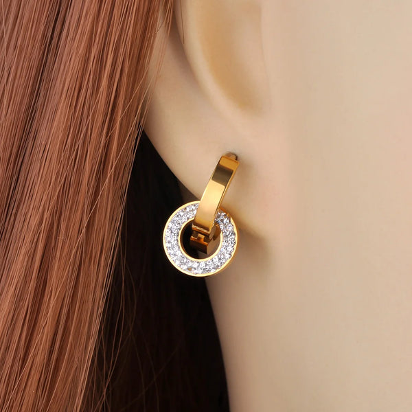 Pendientes de aro de acero inoxidable con doble círculo para mujer
