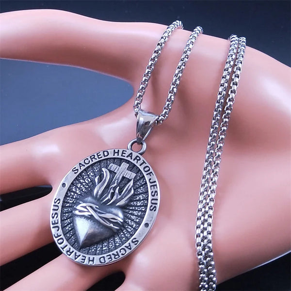Collar vintage con la cruz del Sagrado Corazón de Jesús para mujer y hombre.
