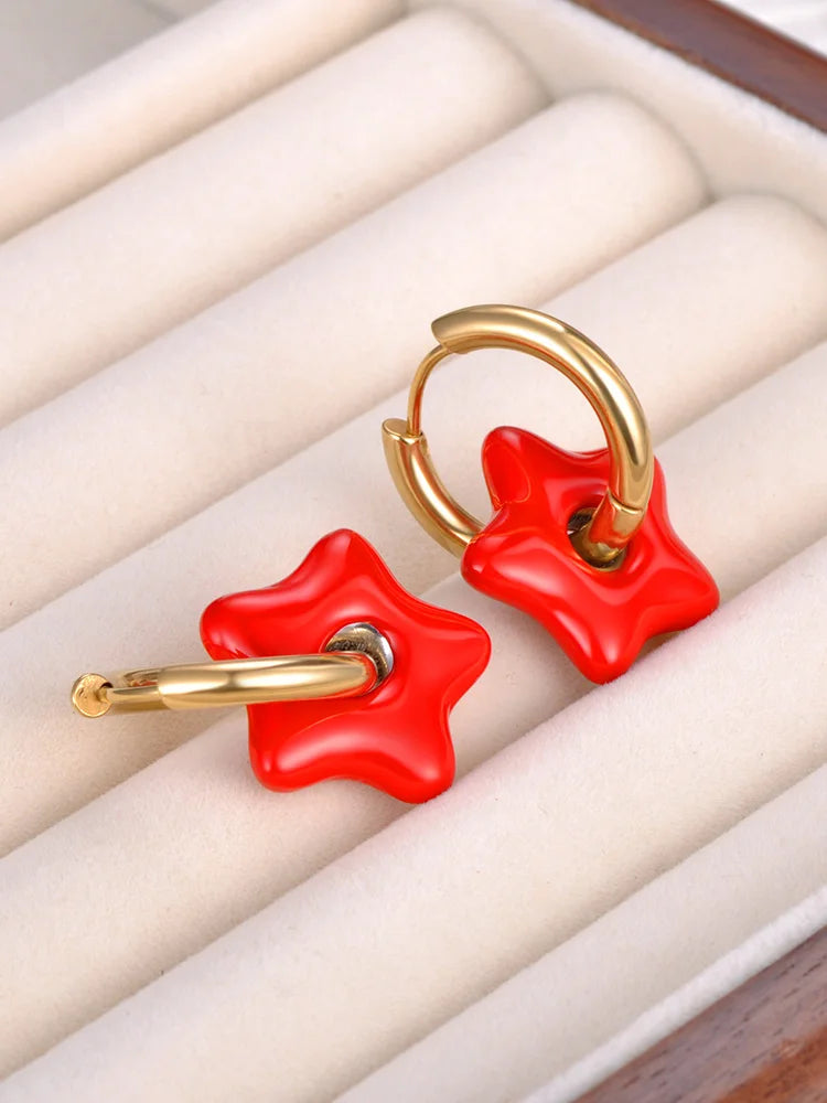 18K Gold Plated Fashion Painted Glaze Blue Red Star Hoop Earrings For Women
