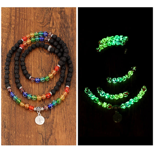 Pulsera de piedra volcánica 108, 7 chakras femenino y masculino, cuentas luminosas de 8 mm, colgante de loto del árbol de la vida.
