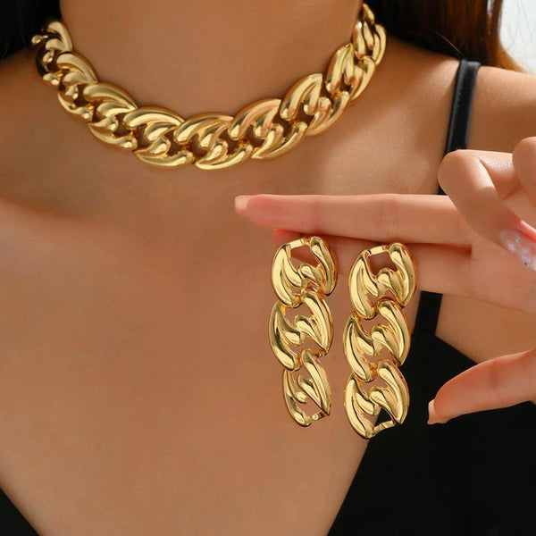 Conjunto de 2 piezas de collar y pendientes de cadena cubana grande