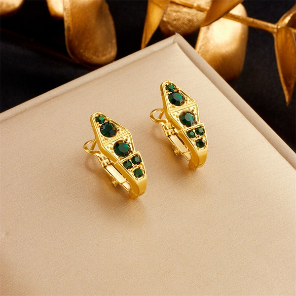 316L Stainless Steel Green White Crystal Zircon Geometric Retro Earrings For Women