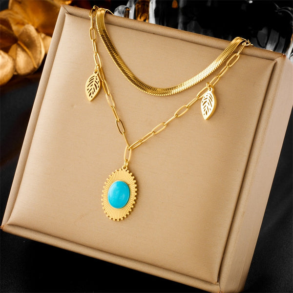 316L Stainless Steel Oval Blue Stone Pendant Necklace For Women