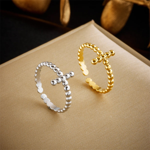Anillo abierto de cruz simple de acero inoxidable 316L color dorado para mujeres y hombres
