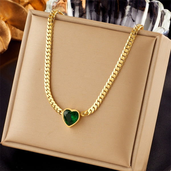 Collar con colgante de corazón de acero inoxidable 316L con cristal blanco y verde para mujer