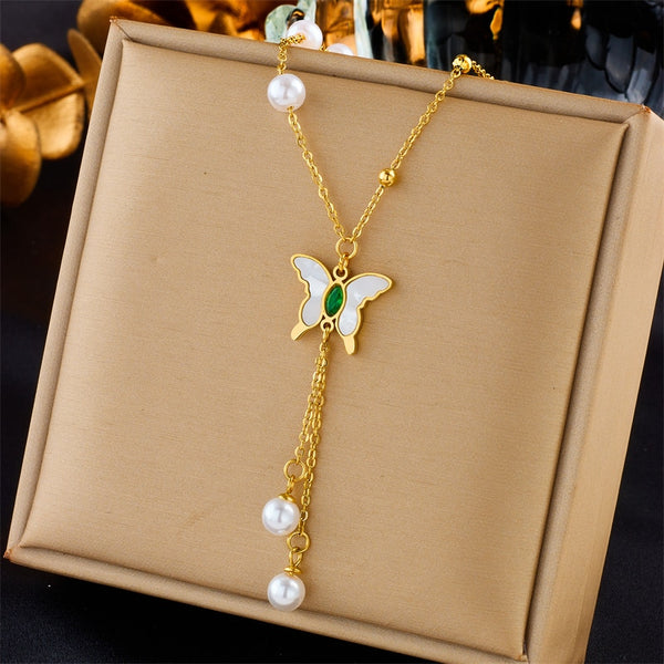 316L Stainless Steel Butterfly Green Stone Pearl Long Pendant Necklace For Women