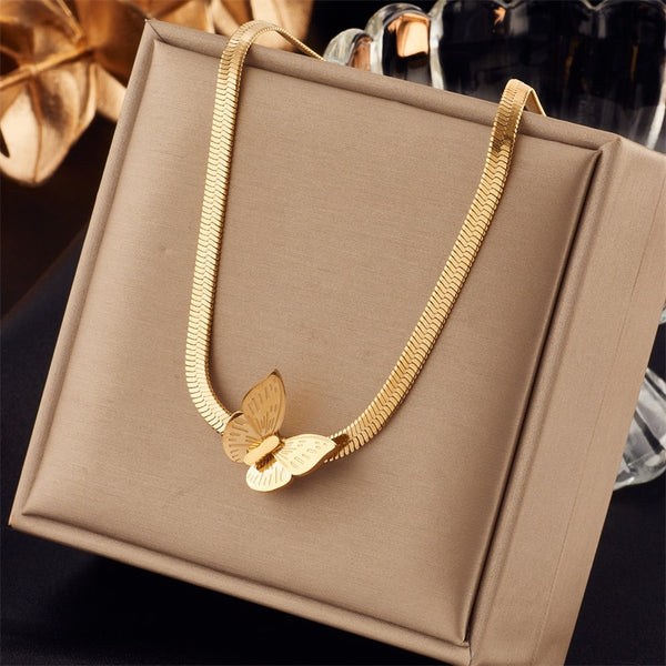 316L Stainless Steel Gold Color Butterfly Pendant Necklace For Women