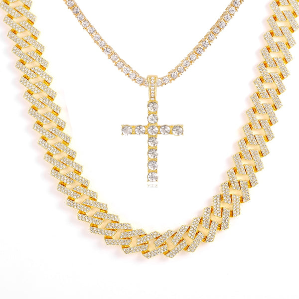 Hip Hop 1kit 20MM Silver Color Heavy Full Iced Out Paved Rhinestones Prong Cuban Chain