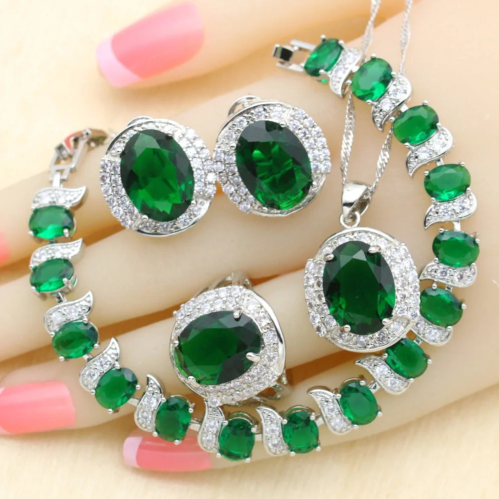 Green Zirconia Necklace Pendant Hoop Earrings Ring Bracelet For Women Gift