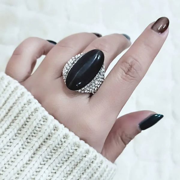 Anillos vintage de gran tamaño con piedra de ópalo negro para mujer