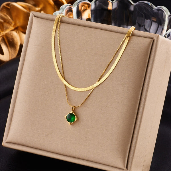 316L Stainless Steel Green Zircon Pendant Necklace For Women