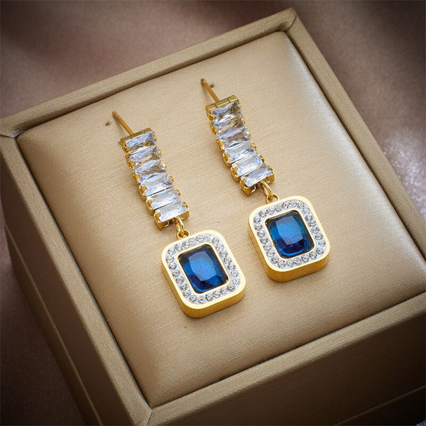 316L Stainless Steel Square Blue Zircon Drop Earrings For Women