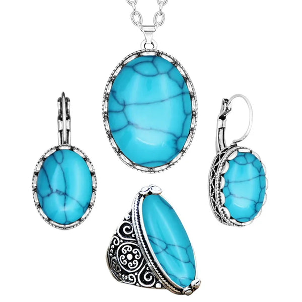 Conjunto de joyas de turquesas sintéticas ovaladas, gargantilla, collar, pendientes y anillos para mujer