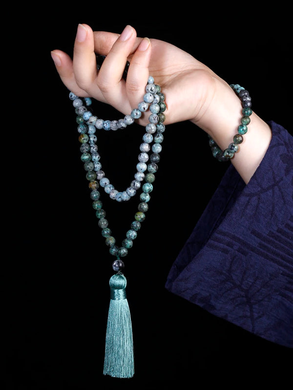 Japamala 108 beads natural stones African turquoise Prayer Necklace tassel