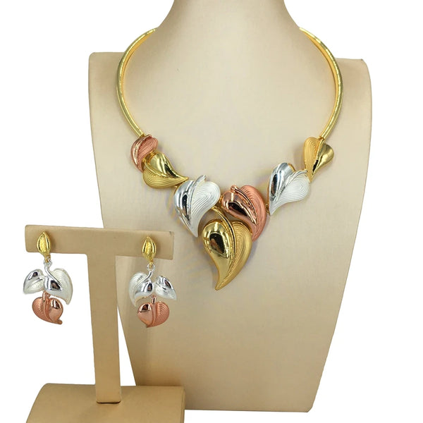 Conjuntos de joyas de Dubái: collar y pendientes en tres tonos para mujer.