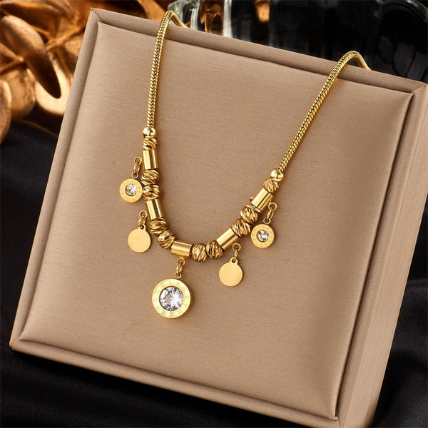 316L Stainless Steel Round Roman Numeral Zircon Pendant Necklace For Women