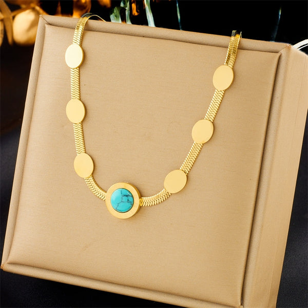 316L Stainless Steel Round Roman Numerals Blue Stone Necklace For Women