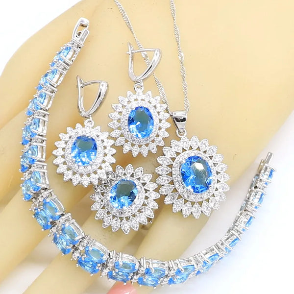 Sky Blue Crystal Flower Bracelet Necklace Pendant Earrings Ring Wedding Gift