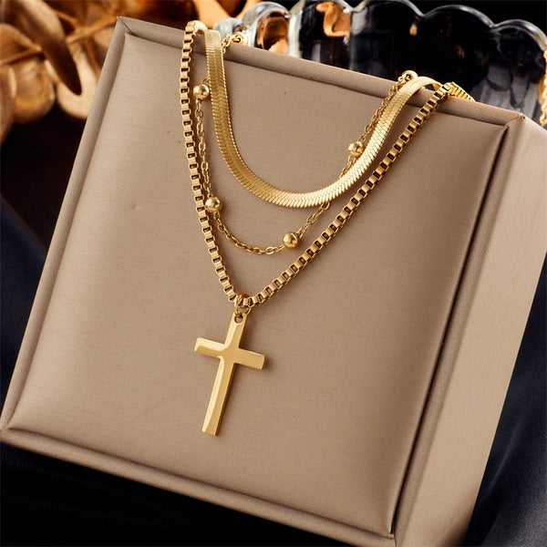 316L Stainless Steel Gold Color Cross Pendant Necklace For Women