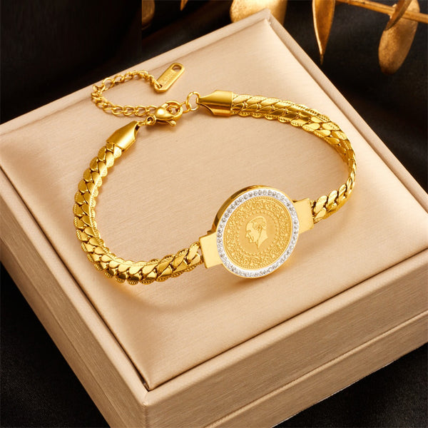 Pulsera con dije de retrato redondo de acero inoxidable 316L color dorado para mujer