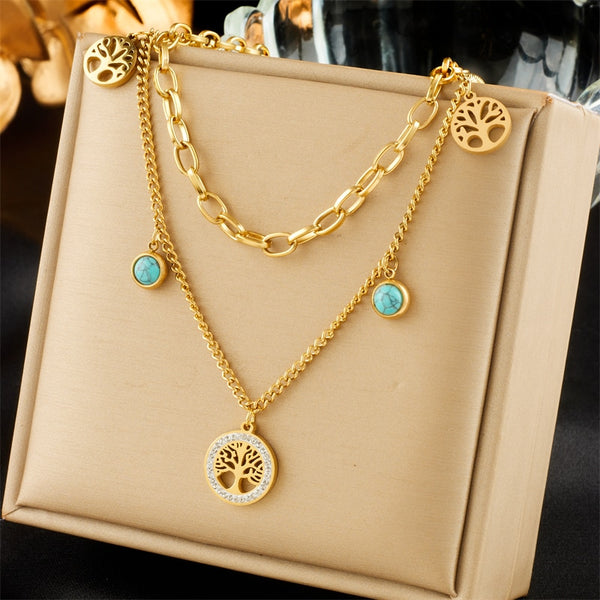 Collar con colgante de árbol redondo de dos capas de acero inoxidable 316L para mujer