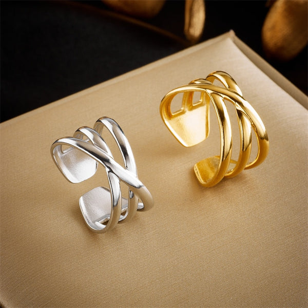 316L Stainless Steel Gold Color Crossover Adjustable Finger Ring For Women