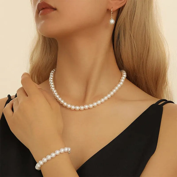 3PCS White Imitation-Pearl Jewelry Set Choker Necklace Hoop Earrings Bracelet Set
