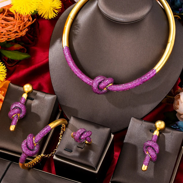 Conjunto de 4 pendientes y collar con nudos africanos de lujo, conjuntos de joyas de circonita cúbica para mujer
