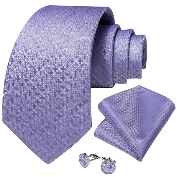 Fashion Purple Solid Plaid Silk Ties for Men Handkerchief Cufflink