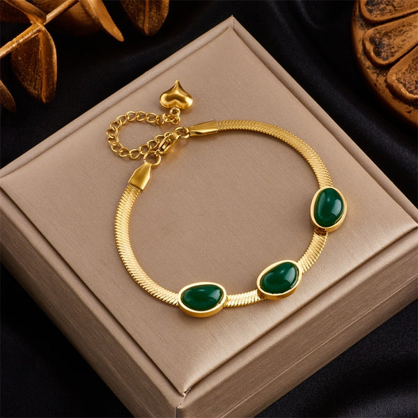 316L Stainless Steel Luxury Green Stone Chain Bracelet for Women