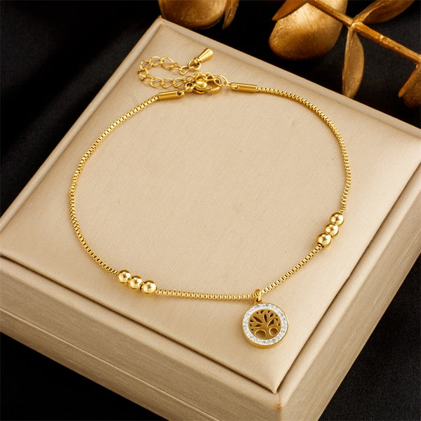 316L Stainless Steel Round Tree of Life Charm Anklets For Women