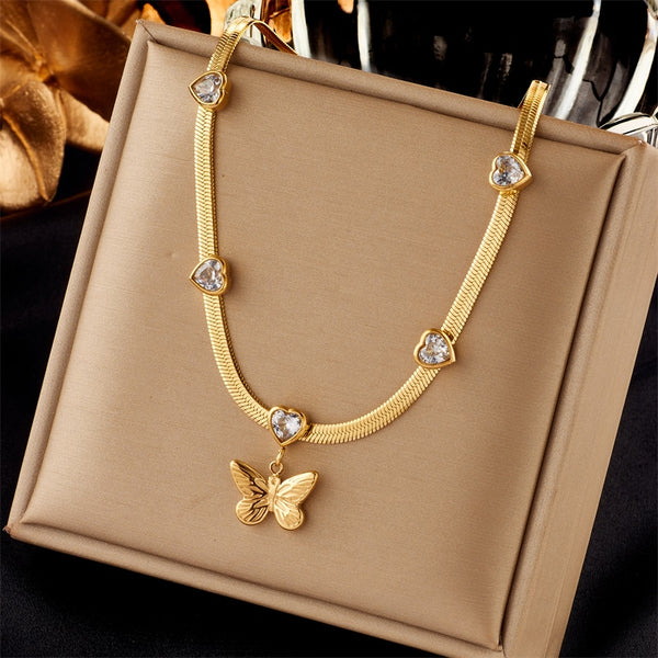 316L Stainless Steel Heart White Green Zircon Butterfly Pendant Necklace For Women