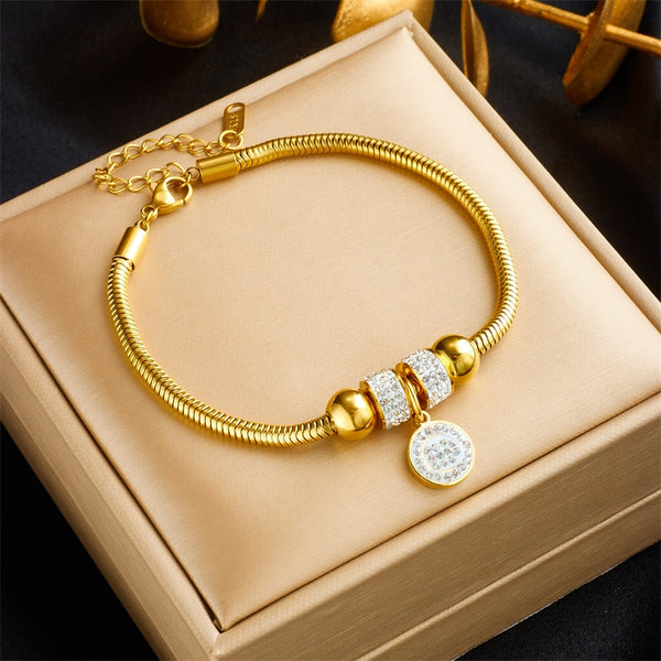 316L Stainless Steel Round Rhinestone Charm Bracelet For Women