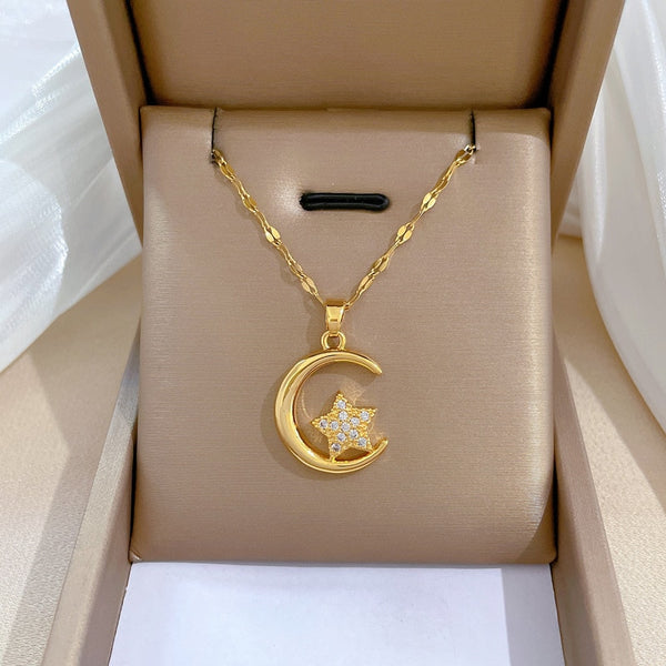 316L Stainless Steel Moon Star Pendant Necklace For Women