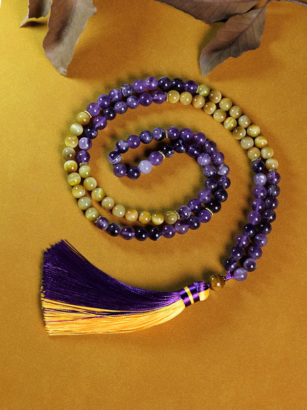 Collar de amatista de 8 mm con borla, piedra de ojo de tigre amarillo 108