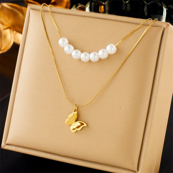 316L Stainless Steel Butterfly Pearl Pendant Necklace For Women