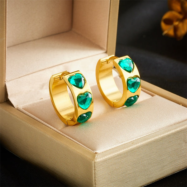 316L Stainless Steel Heart Green Crystal Hoop Earrings For Women