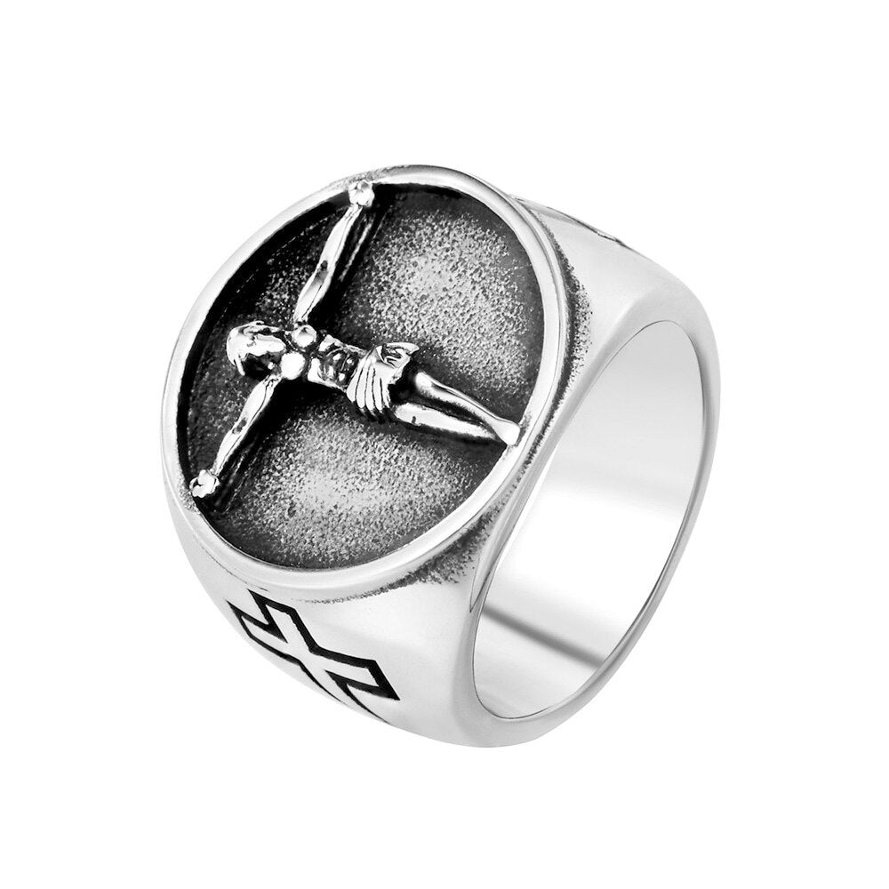 Vintage Catholic Jesus Cross Ring Men Punk Hip Hop Stainless Steel Bik ...