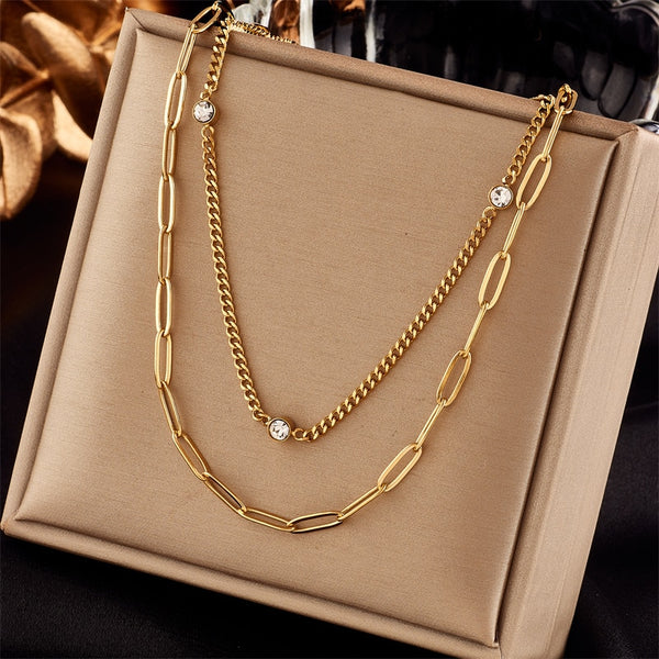 Collar multicapa de acero inoxidable 316L con circonitas 2 en 1 para mujer