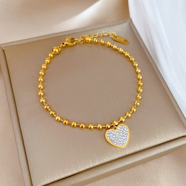 Pulsera de color dorado con colgante de corazón, brazalete con cadena de bolas, tobillera