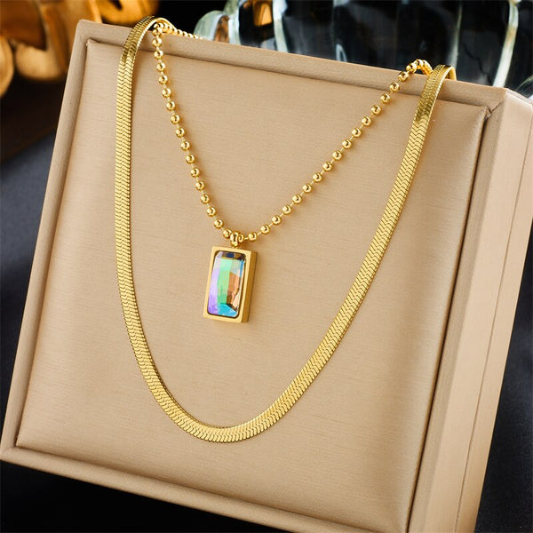 316L Stainless Steel Geometric Heart Colorful Crystals Pendant Necklace For Women