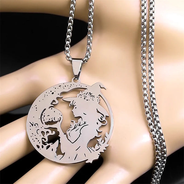 Collar con colgante de hechizo de luna y bola de bruja para mujer/hombre, color plata