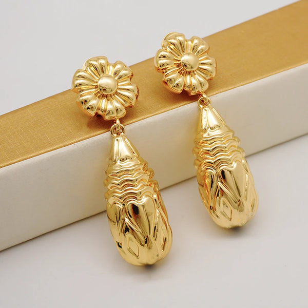 Fashion Gold Color Flower Earrings Big Round Stud Big Pendant Dangle Drop Earring