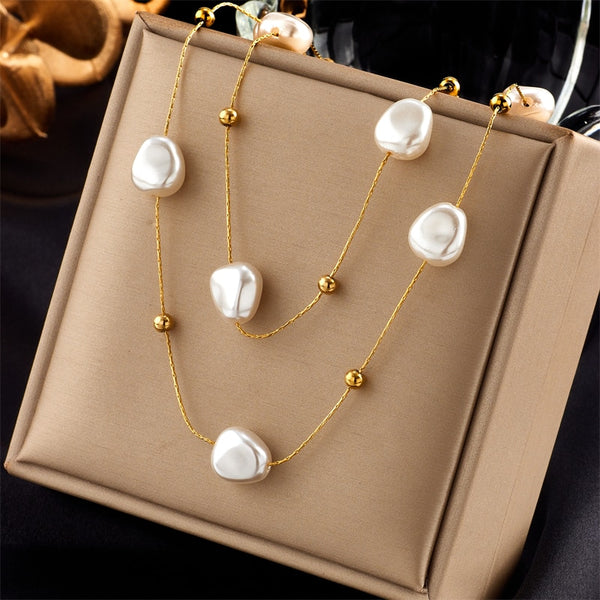 316L Stainless Steel 2in1 Large Pearl Pendant Necklace For Women