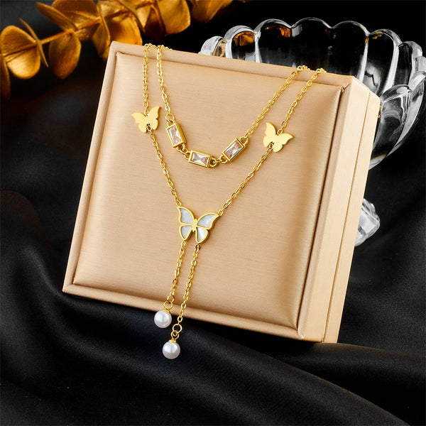 316L Stainless Steel Butterfly Pearls Pendant Necklace For Women