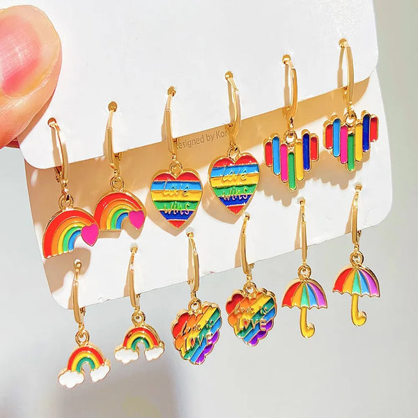 Juego de 6 pares de pendientes colgantes estilo paraguas con forma de corazón y arcoíris de colores bohemios