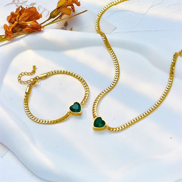 316L Stainless Steel Heart-Shaped Green White Crystal Pendant Necklace Bracelet For Women