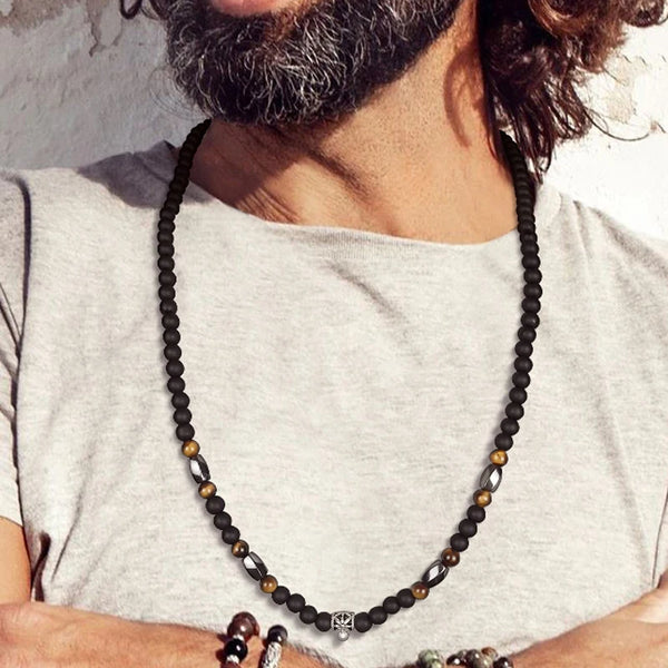 MENS BOHO LONG BEADED NECKLACE WITH TIGER EYE BEADS